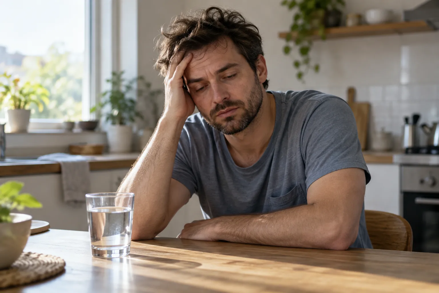 Мужчина с головной болью сидит за столом рядом со стаканом воды.